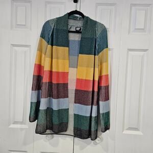 Lands End Womens Sweater M Drifter Colorful Rainbow Stripe Ribbed Cardigan